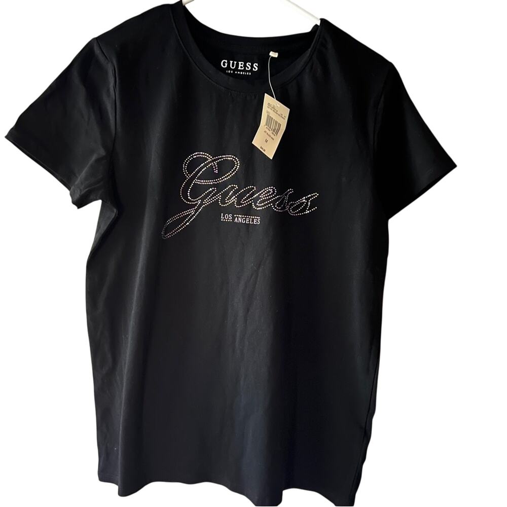 Guess Women's Short Sleeve Black Rhinestone Logo Selina Crew Tee Sz M